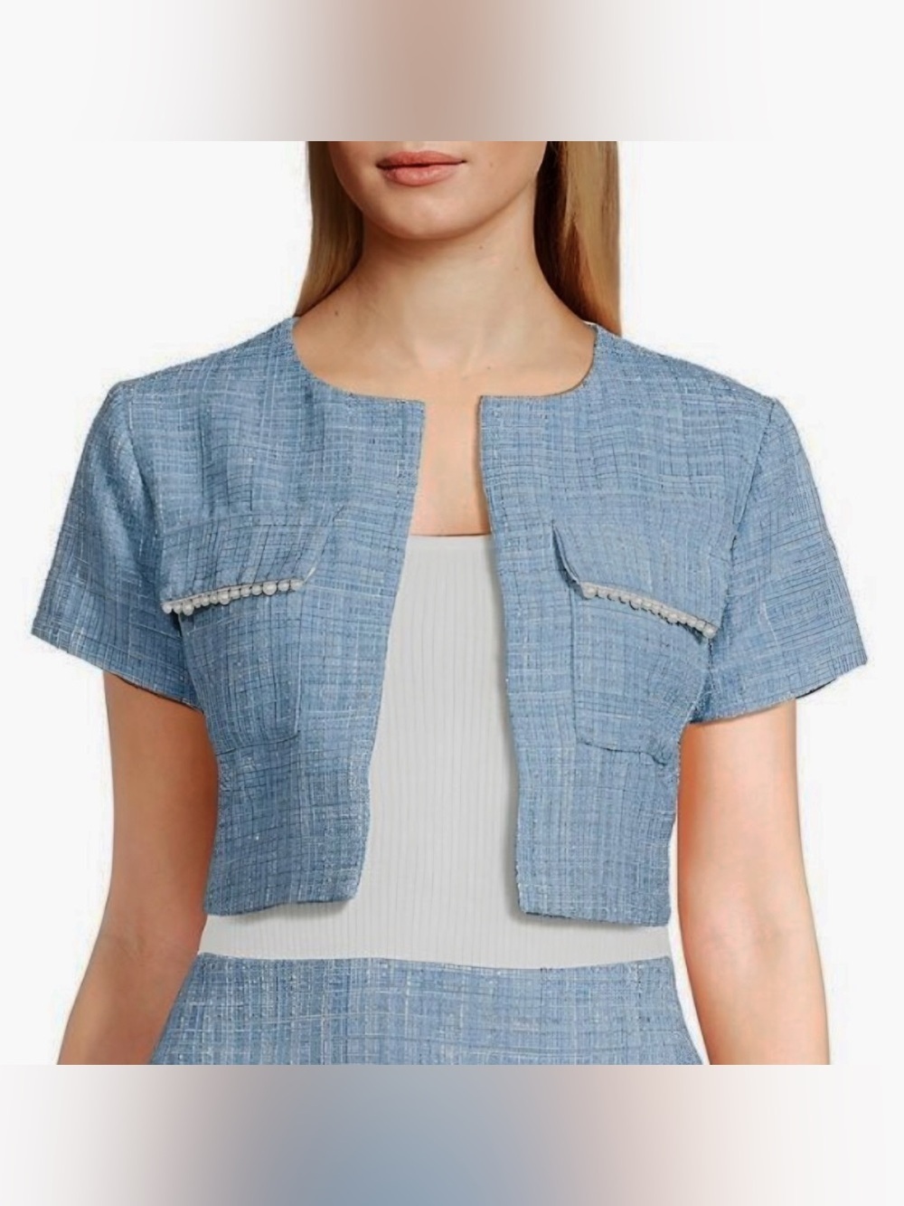 Lea & Viola Embellished Cropped Bouclé Jacket Light Blue Pearl Trim Size M NWT